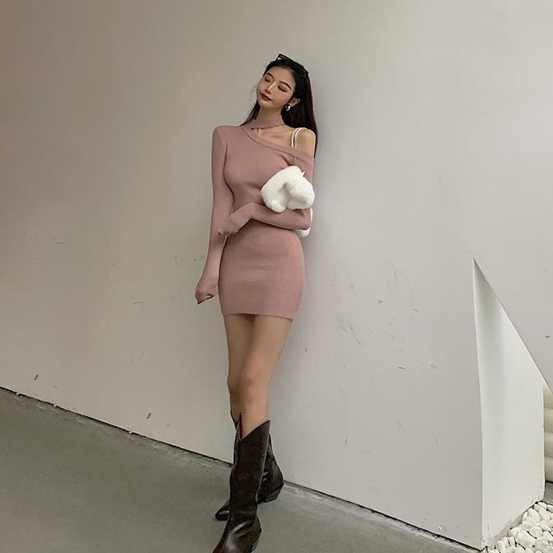 Knitted Dress Women's Bottoming Dress Bag Hip Skirt with Temperament Slim Sexy Strapless Long-sleeved Bottoming Skirt