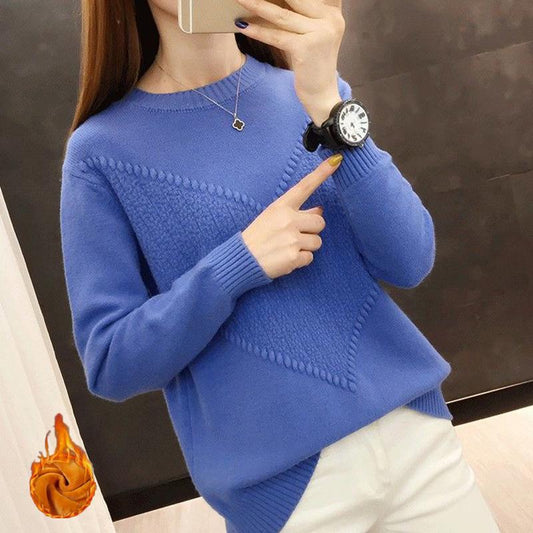 Autumn and Winter Korean Style Loose and Thin Bottoming Shirt Plus Velvet Thick Round Neck Pullover Sweater Long Sleeve Solid Color Sweater