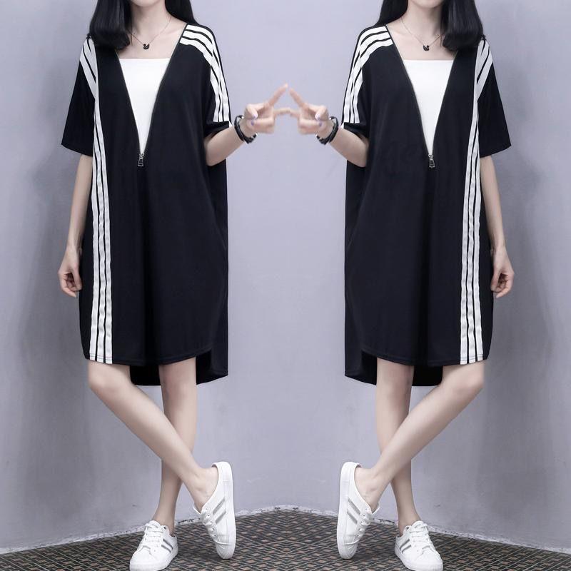 Sweater Skirt T-shirt Skirt Spring Summer Plus Size Women's Zipper Loose Thin Sports Casual A-line Dress