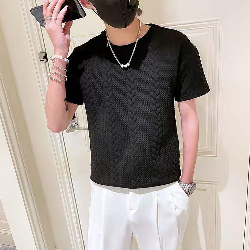 Summer Solid Color T-shirt Men's Ins Tide Brand Three-dimensional Striped Short-sleeved Trend Half-sleeve Trend Half-sleeve