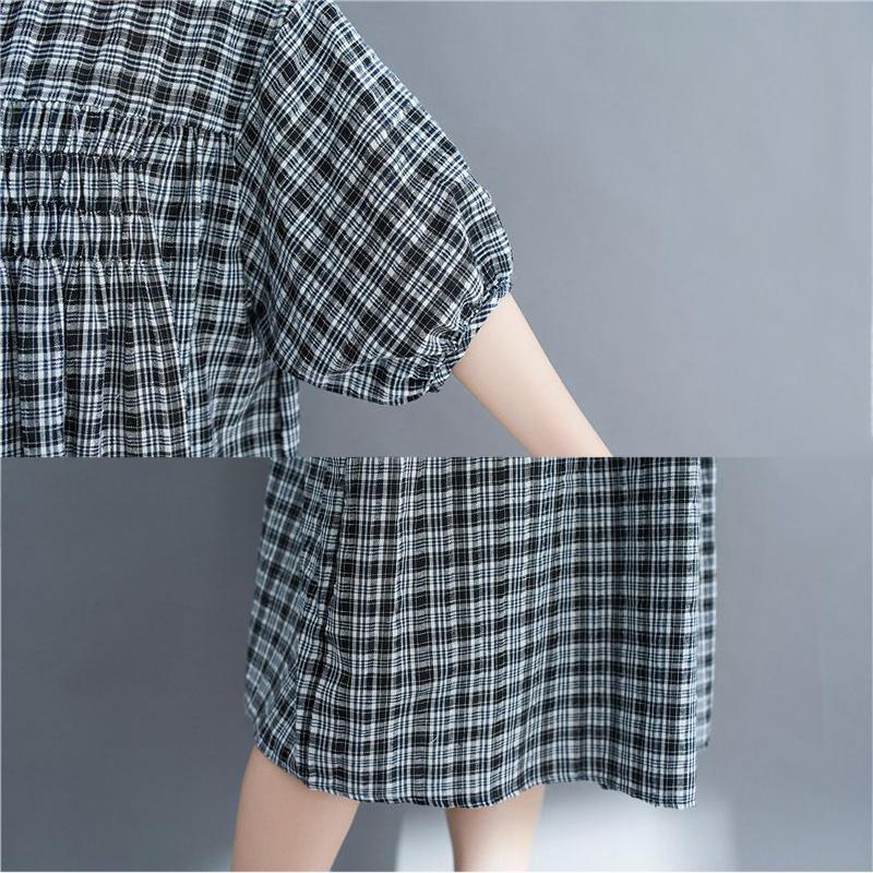 WTEMPO Puff Sleeve Plus Size Ladies Dress Summer 1/2 Sleeve Round Neck Long Dress Casual Mid-calf Length Plaid Dress