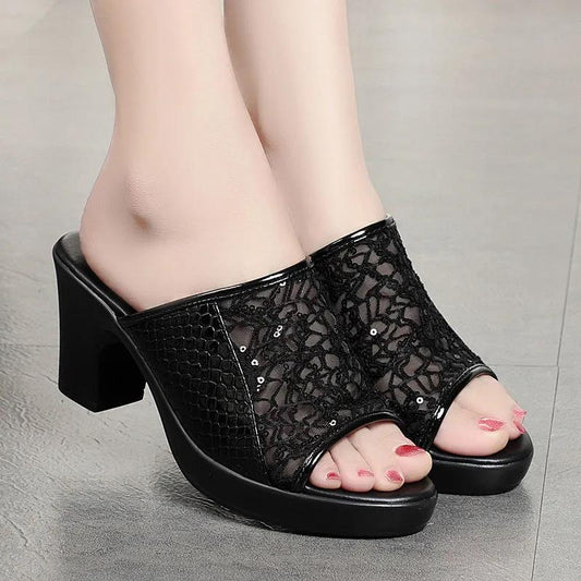 Summer Waterproof Platform Non-slip Thick Heel Sandals Middle-aged Mother Shoes Women's Breathable Mesh Sandals Flip Flops