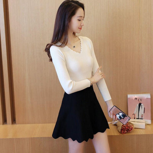 All-match Wave V-neck Bottoming Shirt Stretch Slim Slimming Solid Color Knit Sweater Long-sleeved Short Warm Sweater Women