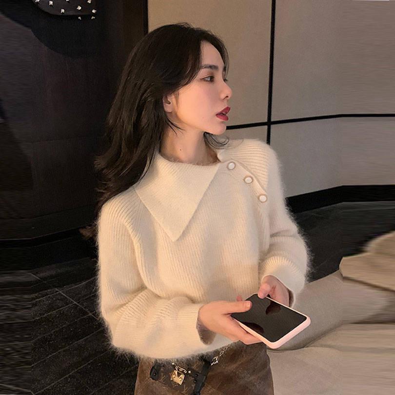 Pofulove Autumn Winter Lapel Loose Long-sleeved Sweater Shirt Mink Wool Sweater Women Pullover