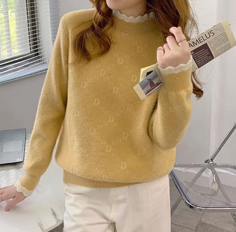 Faux Mink Fleece Sweater Thickened Warm Lace Half Turtleneck Knit Sweater Soft Loose Women's Plus Size Sweater