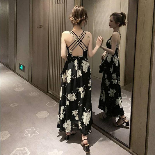 Women Sexy Backless Dress Summer Bohemian Floral Print Long Dresses Femal Plus Size V-Neck Vestidos