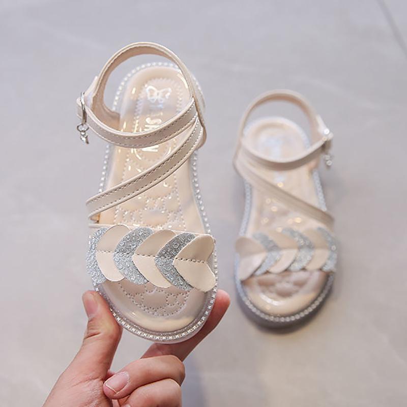 Children's Sandals Girls Princess Shoes Non-slip Soft-soled Beach Shoes Girls Diamonds Flat Sandals with Ankle Straps
