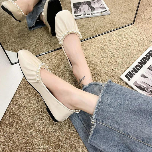 Flat Square Toe Small Single Shoes Women Casual Pearl Scoop Single Shoes Retro French Leather Shoes Soft Leather Comfortable