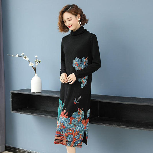 Ethnic Style Women's Printed Knit Dress Turtleneck Woollen Sweater Plus Size A-line Long Sweater Dress Loose Bottoming Sweater