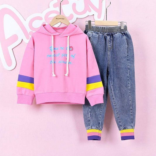 Children's Clothing Girls' Sweater Suit 2021 Jeans Spring and Autumn Clothing Middle and Large Children's Sports Two-piece Suit