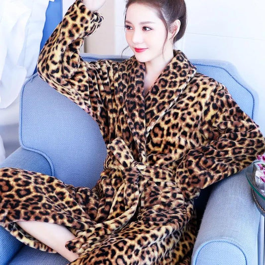 Leopard Print Ladies Pajamas Quick-drying Bathrobe Winter Cashmere Warm Home Clothes Homewear Robe Coat Long