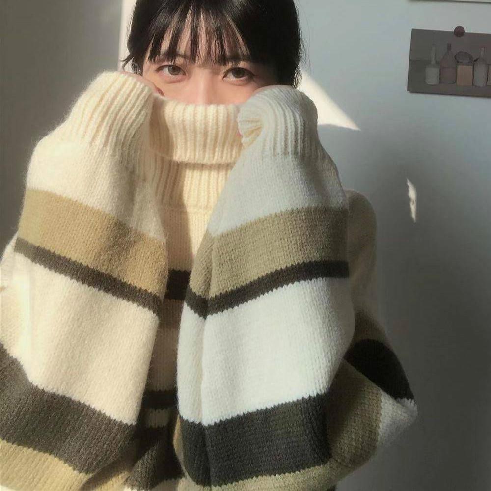 Autumn and Winter Turtleneck Striped Loose Sweater Female Hedging Was Thin Wild Sweater