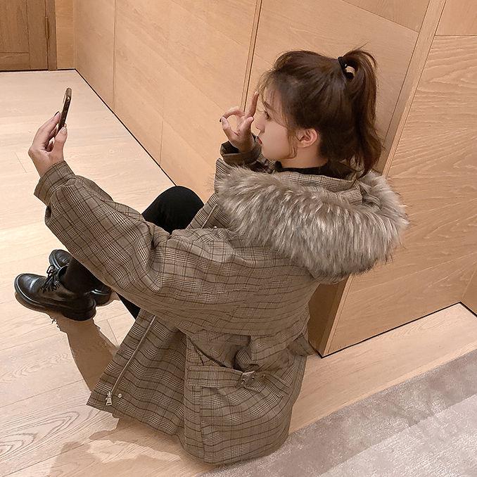 Fur Collar Women's Check Cotton Down Coat Parka Coat Plus Size Coat