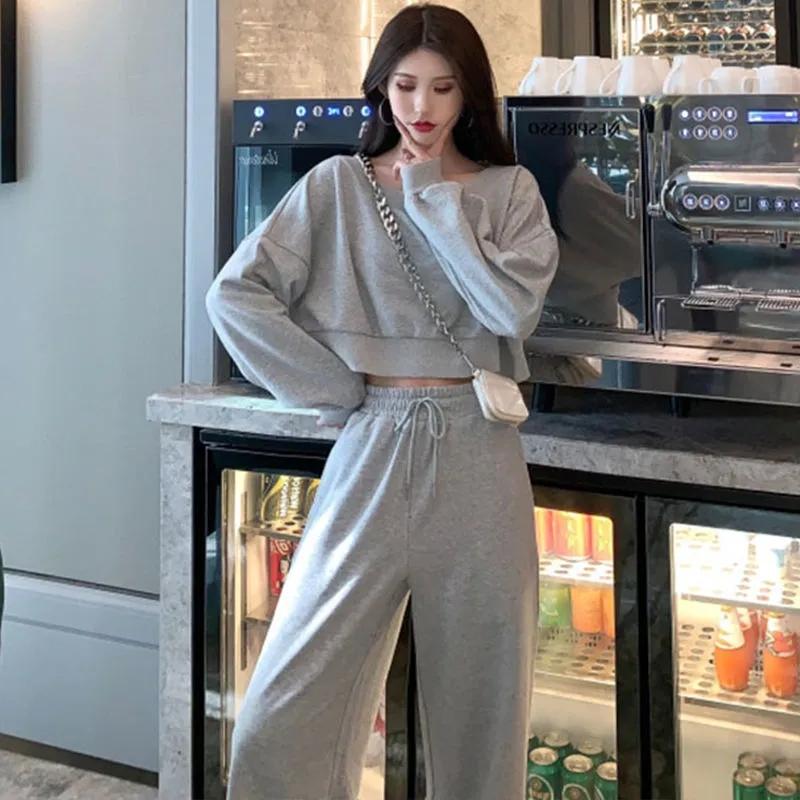 2PCS Women's Spring and Autumn Casual Sweater + High Waist Wide Leg Pants Loose and Thin Two-piece Girls Sports Suit Fitness Athletic Jogging Suits