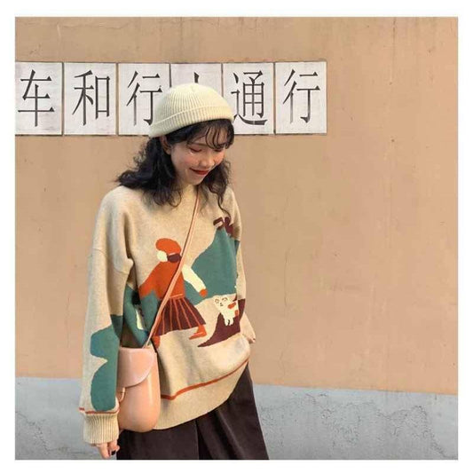 Female Pattern Loose Pullover Pullover Jacquard Sweater Casual Long-sleeved Lazy Style Women