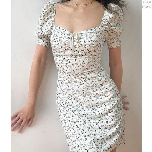 French Dress Lace Up Puff Sleeves Thin Waist Floral Midi Dress