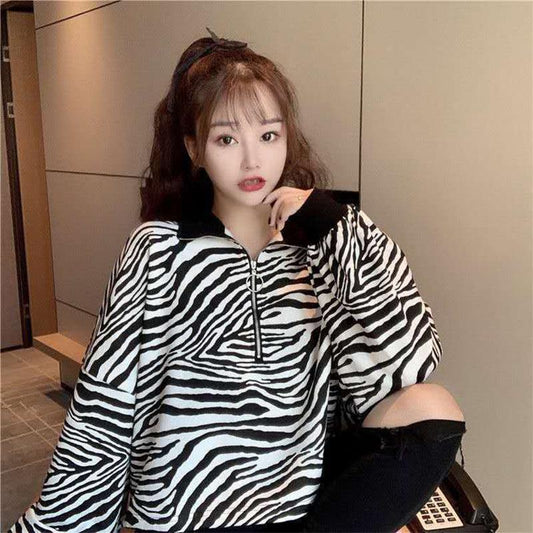 Women's Clothing Sweatshirts Spring Autumn Loose Half Zipper Stand-up Collar Female College Style Zebra Pattern Cropped Top