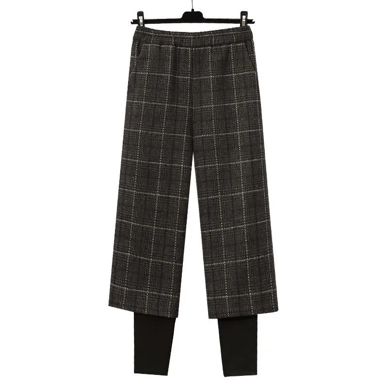 Plus Size Autumn and Winter Fat Sister 200 Kg High Waist Straight Loose Fake Two-piece Woolen Plaid Pants Fake Two-piece Leggings