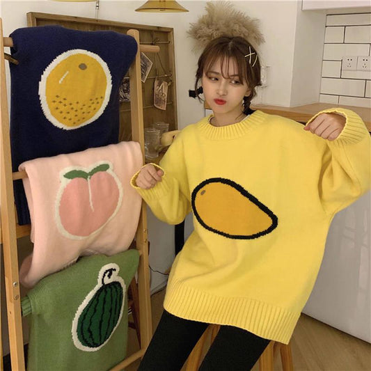 Autumn Winter Small Fresh Interesting Fruit Jacquard Short Outer Wear Sweater Cartoon Sweater Loose Thick Long Sleeved Pullover Sweater