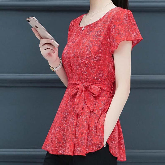 Women's Summer Short Sleeve Chiffon Shirt Waist Tie Round Neck Printed Top