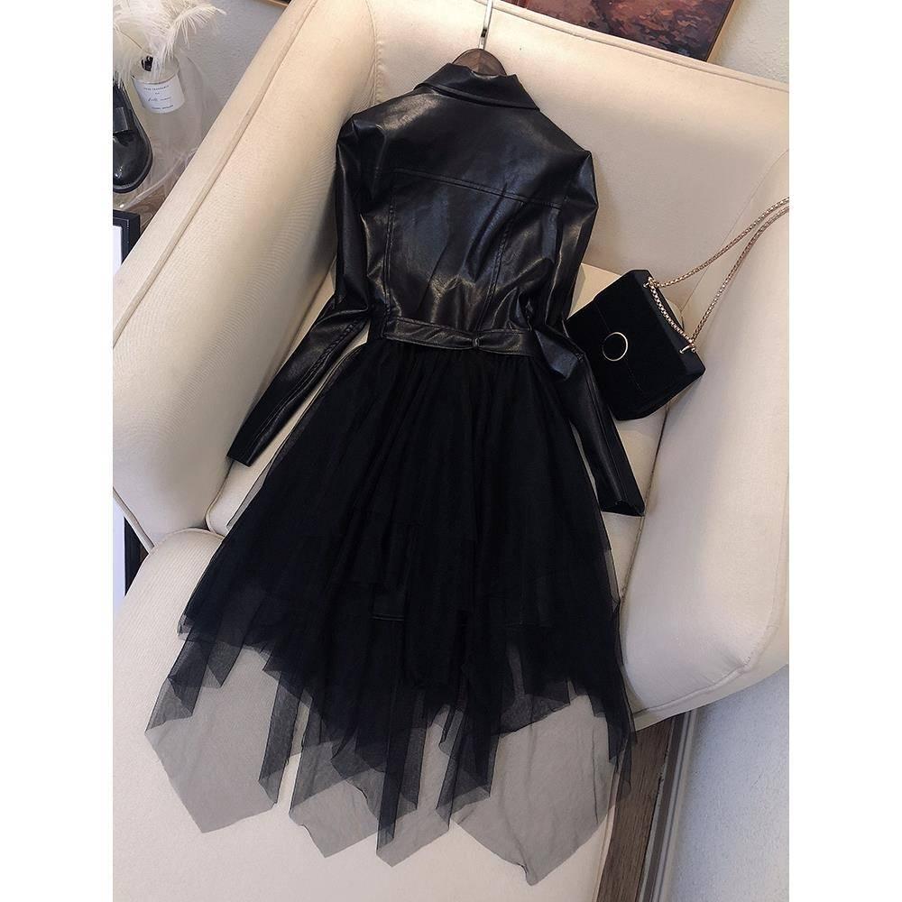 Irregular Leather Suit Skirt PU Leather Stitching Mesh Gauze Fake Two Long Dresses