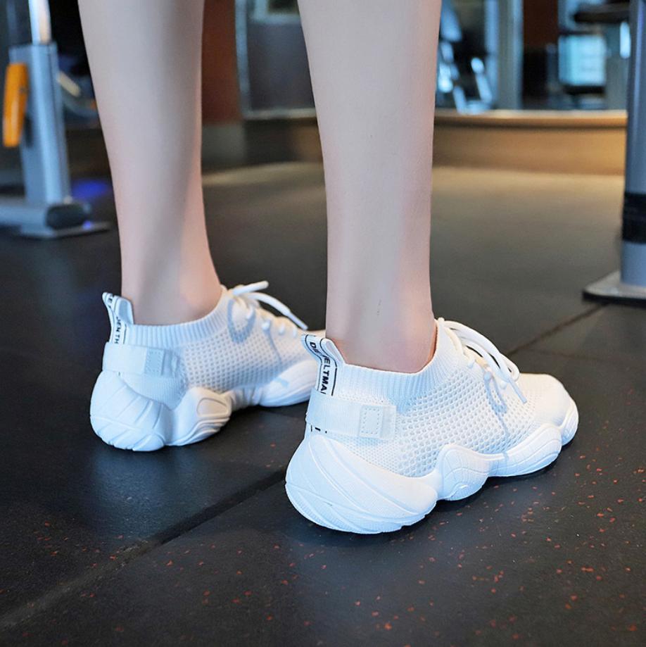Women's Shoes Casual Sneaker Flat Platform Flyknit Stretch Fabric Ladies Shoes Mesh Lace-up