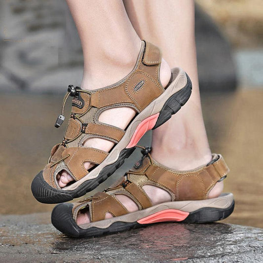 Leather Sandals Men's Summer Non-slip Hollow Outdoor Breathable Casual Beach Shoes