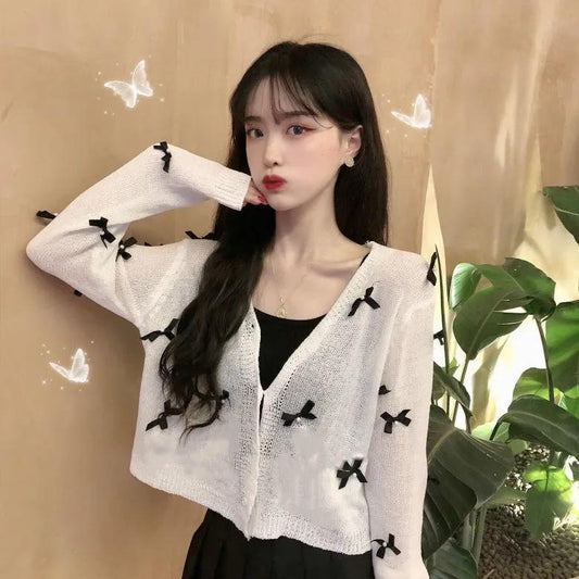 Women's Thin Coat Summer Bow Sunscreen Cardigan White Loose Coat Long-sleeved Knitted Sweater Women V Neck Button Hollow Out Tops Cute Blouse Sweater
