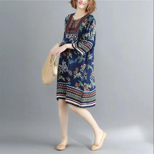 Retro Ethnic Print Round Neck Dress Women's Loose Plus Size Straight Skirt Floral Pattern Loose Mid-length Plus Size Dress