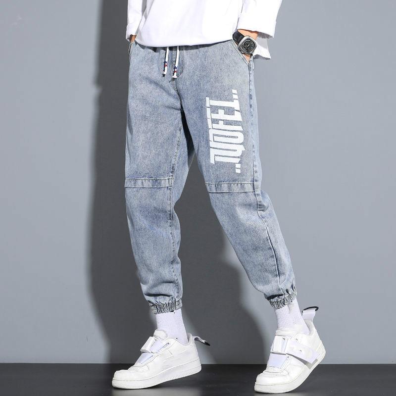 Graffiti Printed Jeans Men's Loose Straight Ins Plus Size Drawstring Ankle Pants