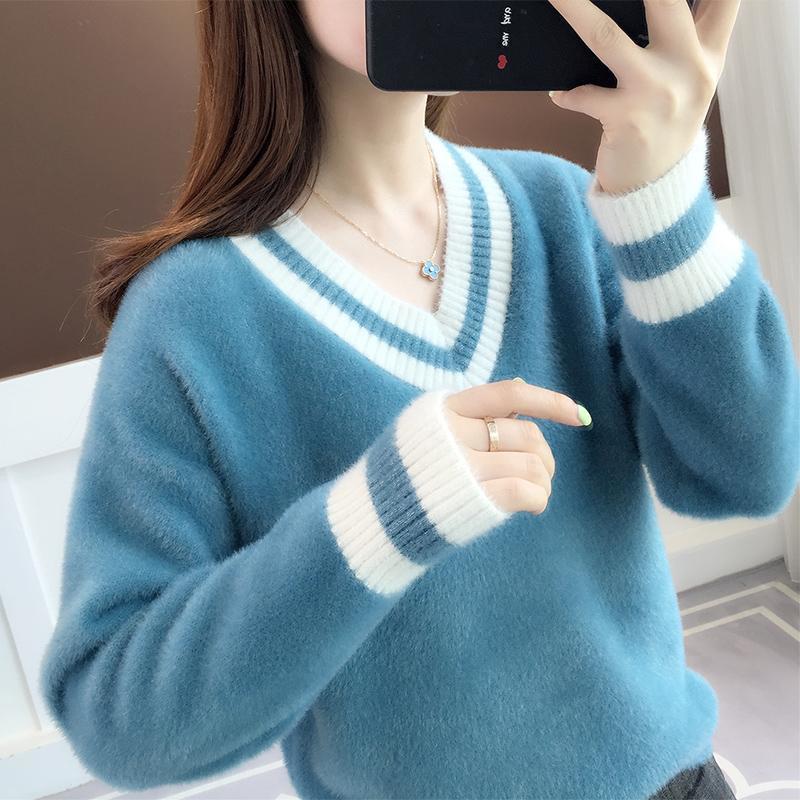 Autumn and Winter Mohair Thick Sweater Short V-neck Loose Coat Long Sleeve All-match Female Top