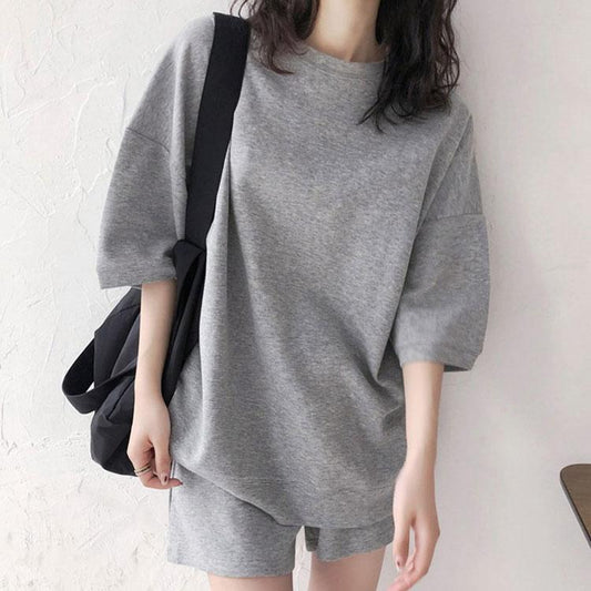 2PCS Ladies Loose Solid Color Short-sleeved Shorts Two-piece Solid Color Casual Sports Suit Fitness Running Set Gym Jogging Suit