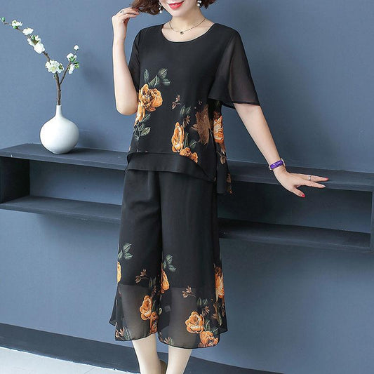 WTEMPO Middle-aged Women's Plus Size 2pcs Chiffon Shirt Pants Suit Spring and Summer Short Sleeve Loose Casual Printing Two-piece Set