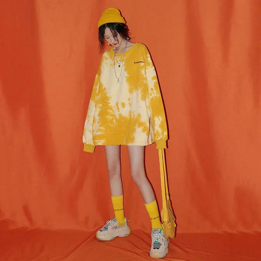 Autumn Sweater Women Korean Tie-dye Long-sleeved Printing Mid-length Round Neck T-shirt Top Bottoming Shirt