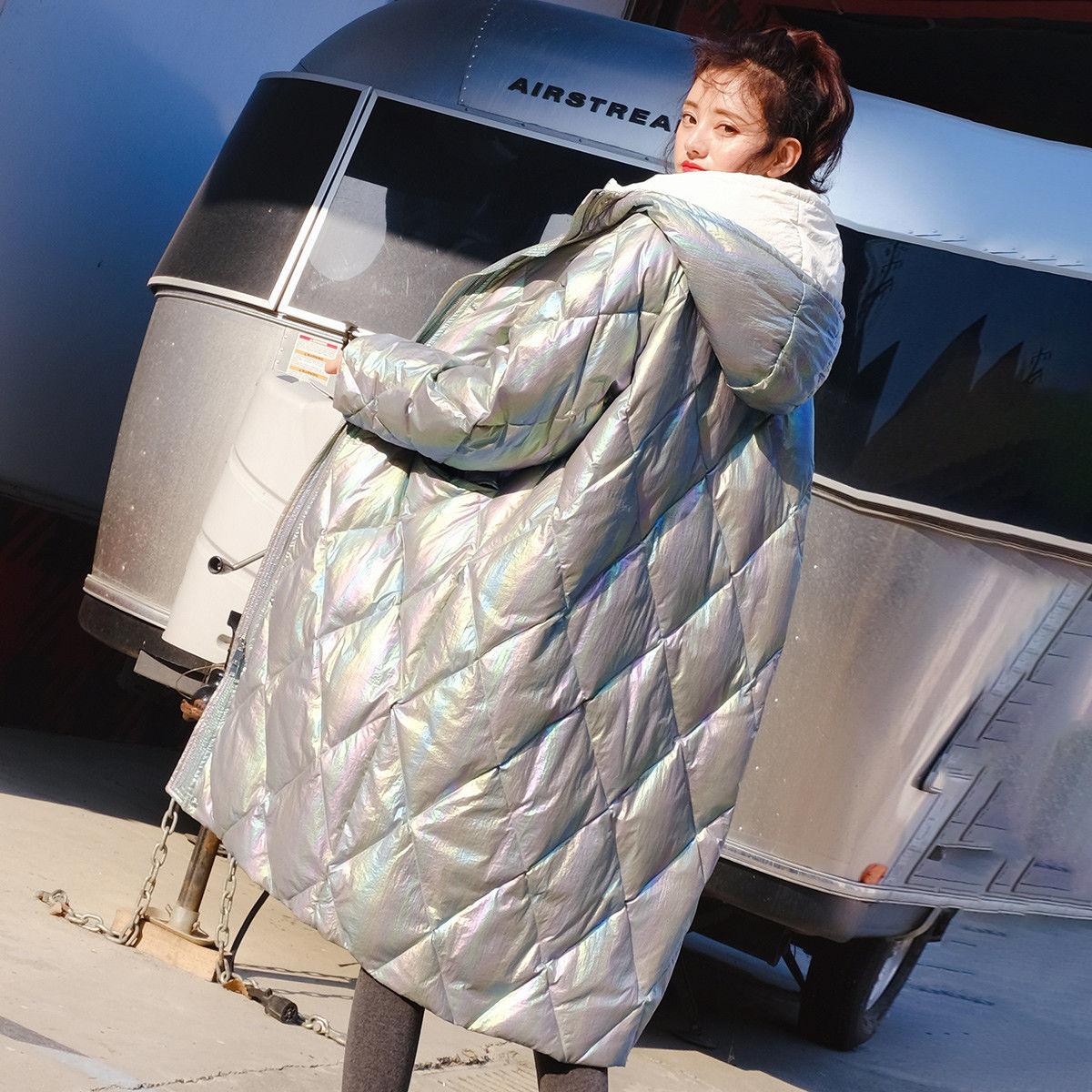 Women's Down Jacket Fake Colorful Disposable Shiny Hooded Over-the-knee Long Coat