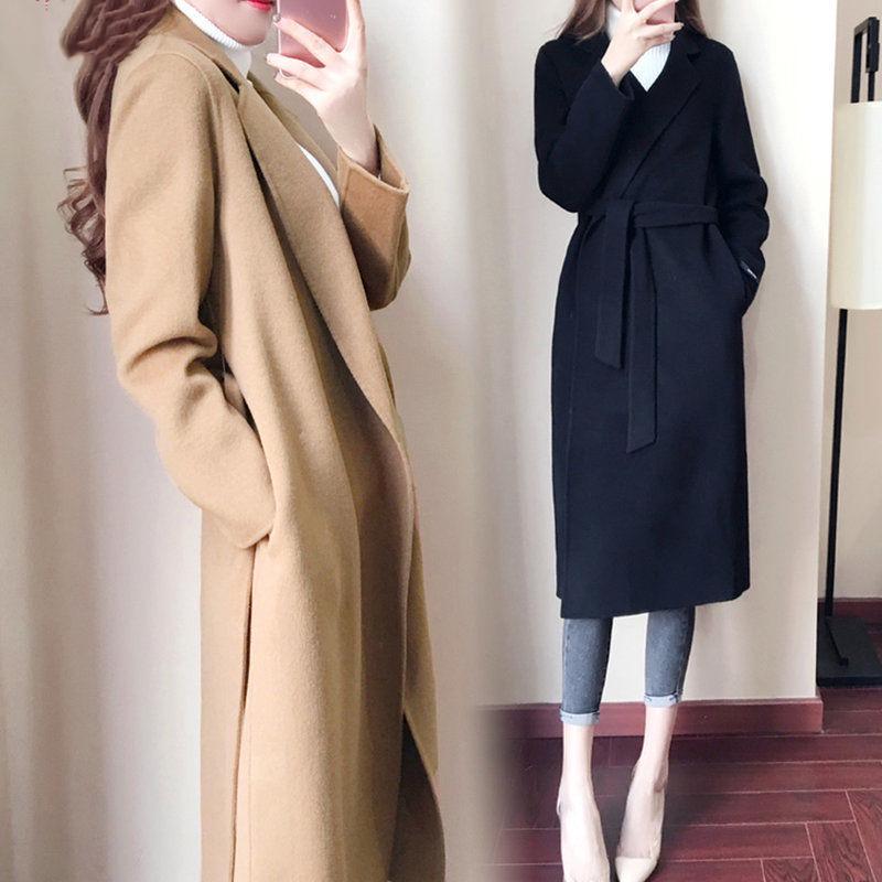 Autumn Winter Coat Women Casual Wool Jackets Blazers Female Belt Long Coat Ladies Plus Size 4XL