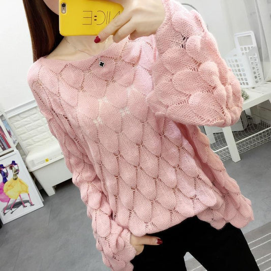 Loose bat sleeves large size sweater hollow sweater women's thin sweater spring and autumn