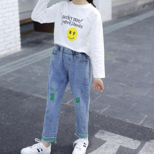 Girl Boy Loose Jeans Spring and Autumn Wear Korean Style Hole Children's Medium Children's Color Jeans Pants