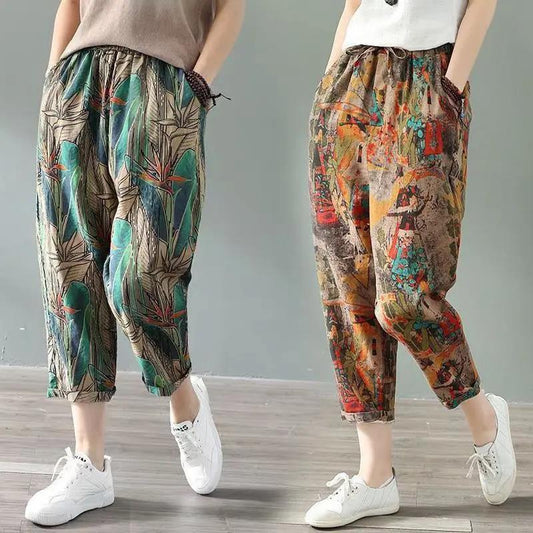 Cotton and Linen Harem Pants Women's Spring High Waist Loose Printed Carrot Pants Nine-point Plus Size Plaid Casual Pants