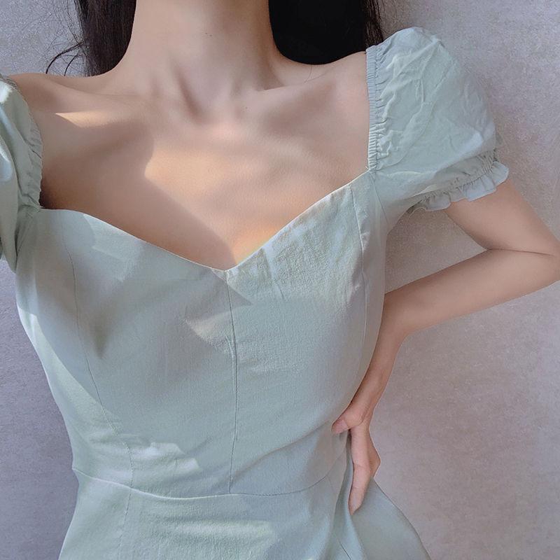 Mint Green French Square Collar Simple Waist Waist Thin Elegant Puff Sleeve A-line Dress Dress Women