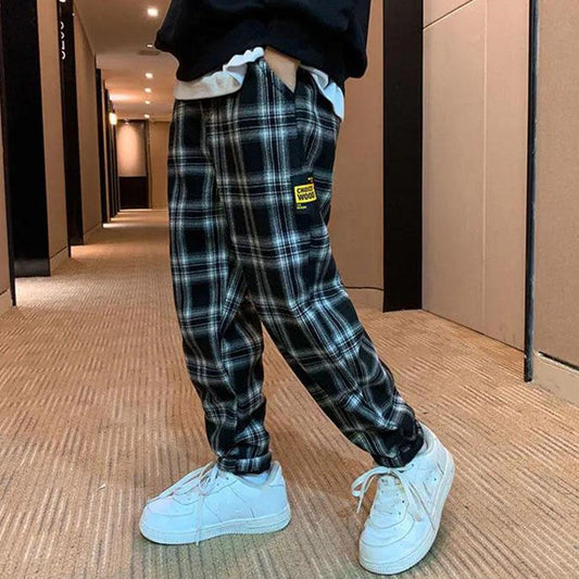 Boys Plaid Pants Spring Autumn Plus Velvet Middle-aged Children's Loose Casual Pants Warm and Handsome Trousers