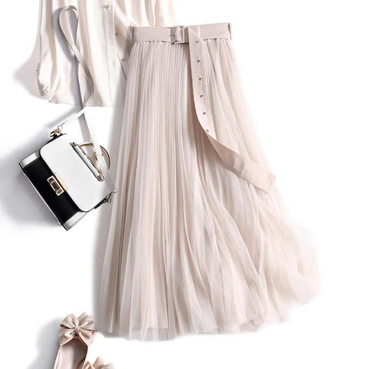 Half-length Skirt with Belt Female Autumn and Winter Mid-length A-line Pleated Skirt Fairy Mesh Drape Skirt