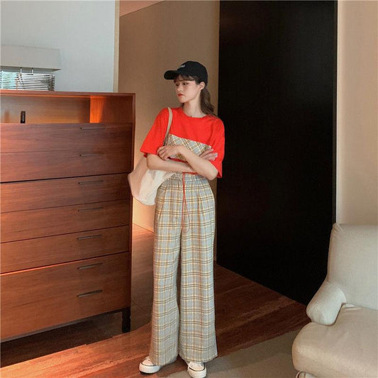 Two-piece Suit Women Summer Fashion All-match Short-sleeved T-shirt Loose Plaid Wide-leg Pants Casual Comfortable
