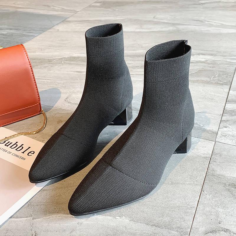 Flock Ankle Boots Women for Autumn Winter Fashion Pointed Toe Heel Woman Chelsea Boots Plus Size