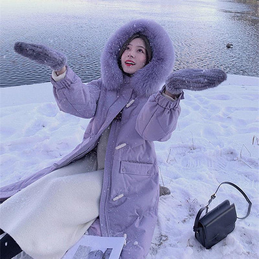 Winter Down Cotton Jacket Women's Long Over-the-knee Cotton Jacket Fluffy Fur Collar Hooded Loose Horn Button Cotton Jacket