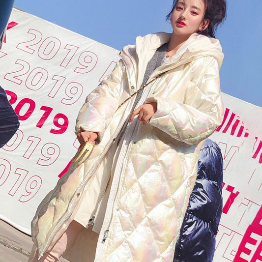 Fake Two-piece Mid-length-sleeve Slim-fit Hooded Padded Knee-length Down Jacket Women Winter Warmth Padded Winter Hooded Jacket