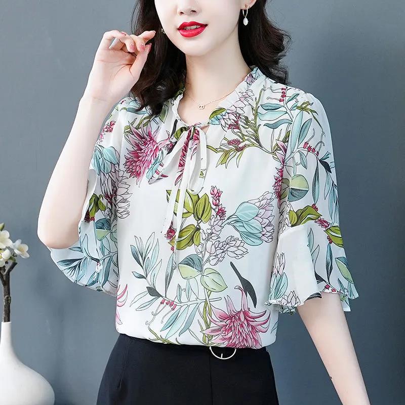 Summer Chiffon Shirt Women's Loose Plus Size Printed Shirt Doll Collar Top