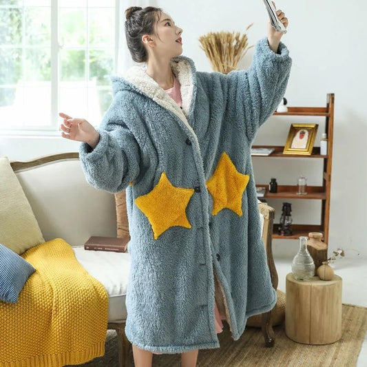 Women's Winter Long Hooded Nightdress Coral Velvet Nightgown Large Size Bathrobe Star Plus Velvet Thickening Home Wear Ladies Pajamas