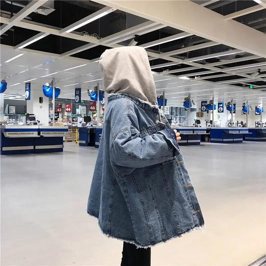 Hooded Casual Denim Long-sleeved Jacket Women's Wild Mid-length Hooded Loose BF Wind Denim Jacket Large Size Jacket