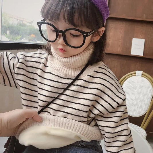 Fleece Children's Sweater Striped High Neck Loose Autumn and Winter Fashion Boys and Girls Thick Winter Baby Bottoming Sweater